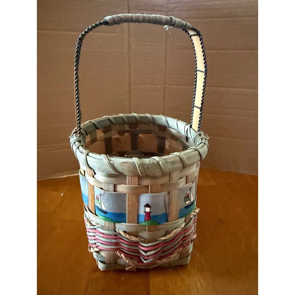 Nautical Woven Splint Basket Hand Painted Lighthouse Sailboat Anchor Decor